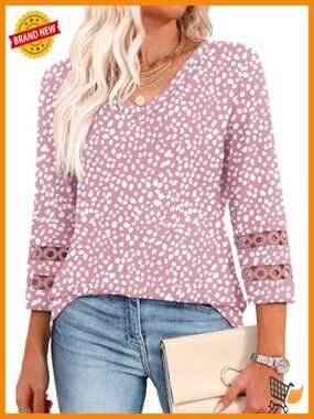 3/4 Sleeve V-Neck Lace Detail Blouse T-Shirt for Women